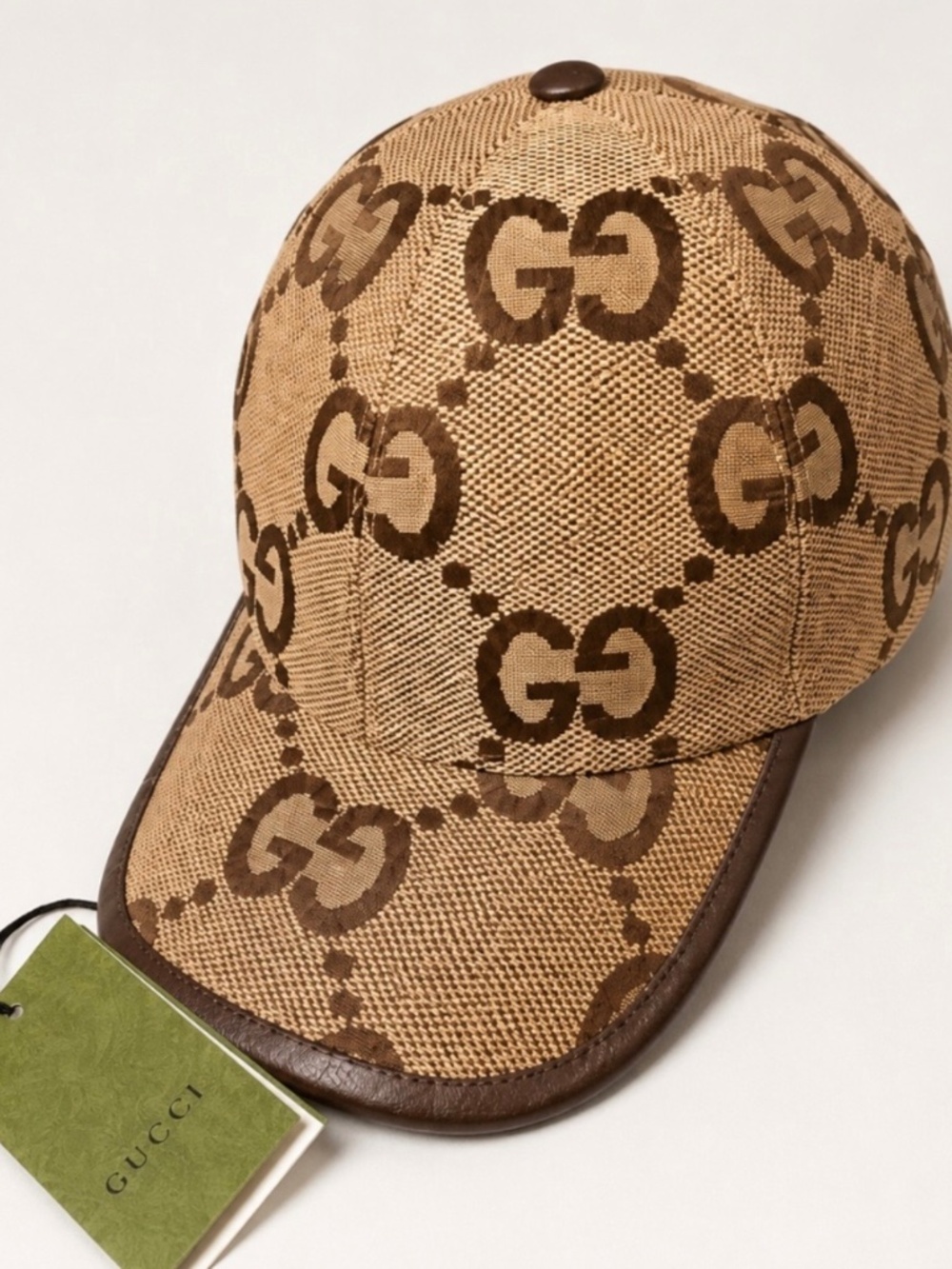 Gucci Jumbo GG Canvas Baseball Cap Hat Camel Ebony Leather Trim Authentic